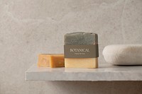 Soap mockup psd, natural product label in a bathroom 