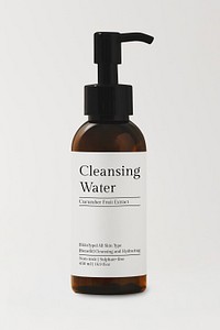 Cleansing water, pump bottle, brown product packaging design