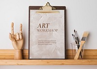 Clipboard mockup psd, art workshop ad, on a shelf