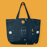 Tote bag mockup, printed celestial art pattern, realistic design psd