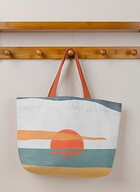Tote bag mockup, printed sunset graphic, realistic design psd