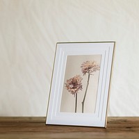 Aesthetic picture frame mockup psd, on wooden shelf, home decor