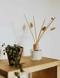 Bedside table with room diffuser and plant