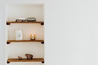 Minimal wall mockup psd, aesthetic wooden shelf