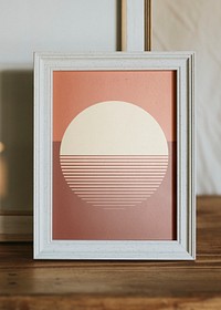 Aesthetic picture frame mockup psd, on wooden shelf, home decor