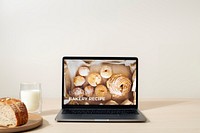 Laptop screen mockup, digital device, aesthetic baker workspace psd