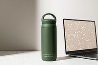 Fitness water bottle mockup, lifestyle essentials psd