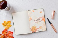 Book mockup psd, autumn journal stationery, flat lay design