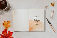 Book mockup psd, autumn journal stationery, flat lay design