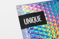 Shipping label mockup, iridescent bubble mailer bag psd