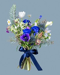 Blue and purple flower bouquet, collage element psd