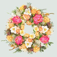 Pink and orange flower wreath, isolated object psd