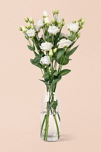 White lisianthus in glass vase, isolated object design psd