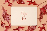 Beige card mockup, autumn red leaf frame flat lay design psd