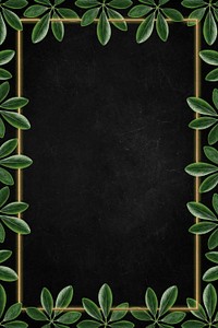 Green leaves with golden rectangle frame on black background