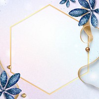 Glittery blue leaves with golden hexagon frame