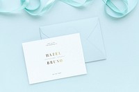 Wedding card template mockup on a blue background