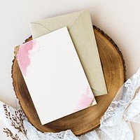 Card template mockup on a wooden plate