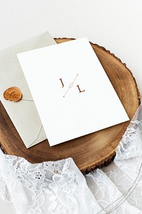 Wedding card template mockup on a wooden plate