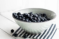 Blueberries in a white ceramic bowl. Visit <a href="https://monikagrabkowska.com/" target="_blank">Monika Grabkowska</a> to see more of her food photography.