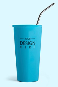 Blue tumbler mockup with a straw design resource