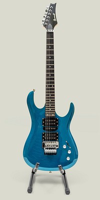 Blue Paramount electric guitar on a black guitar stand, JANUARY 29, 2020 - BANGKOK, THAILAND
