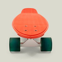 Red skateboard with green wheels mockup