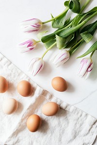 Easter eggs and tulips flatlay