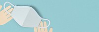 Hands with a face mask on a blue background social banner illustration