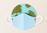 Paper craft planet earth wearing a face mask due to COVID-19 mockup