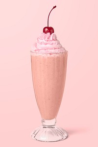 Strawberry milkshake with a maraschino cherry on background mockup