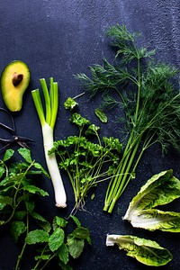 Mixed green fresh organic herbs and salads flatlay
