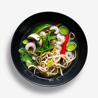 Authentic oriental noodles in black bowl