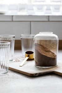 Ground coffee in a glass container
