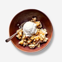 Delicious psd apple crumble vanilla ice cream flat lay