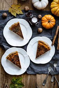 Pumpkin pie slices dessert food photography flat lay