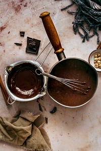 Melted dark chocolate flatlay food photography