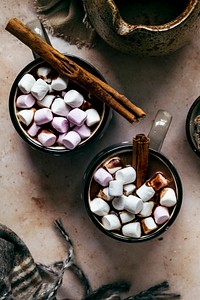Warming hot chocolate with marshmallows in winter