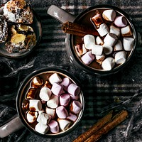 Hot chocolate with cinnamon sticks holiday food photography