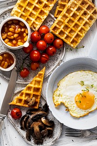 Holiday breakfast with egg on waffle food photography