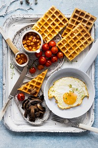 Holiday breakfast with egg on waffle food photography