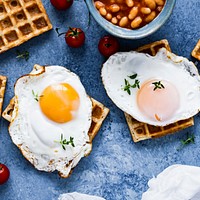 Holiday breakfast with egg on waffle food photography