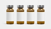 Four brown injection vial bottles with psd label mockups