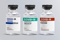 Different types of COVID-19 vaccine in glass vial bottle with label psd mockups