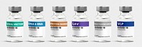 Six different types of COVID-19 vaccines vial bottles with psd label mockups