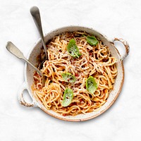 Spaghetti psd with tomato-based sauce sprinkled with parmesan and basil