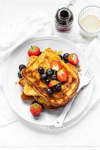 French toast mixed berries freshly made breakfast food photography flat lay