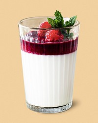 Vanilla panna cotta mockup psd with raspberry served in a glass