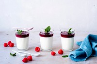 Vanilla panna cotta with raspberry served in a glass food photography
