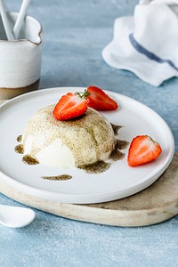 Strawberry panna cotta yummy dessert served on a plate food photography